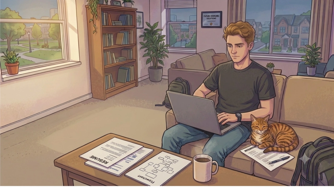A comic-book style illustration of a young man with blonde hair working on a laptop from home. He is sitting on a tan sofa in a bright, cozy apartment living room. An orange tabby cat sleeps contentedly next to him on the couch.